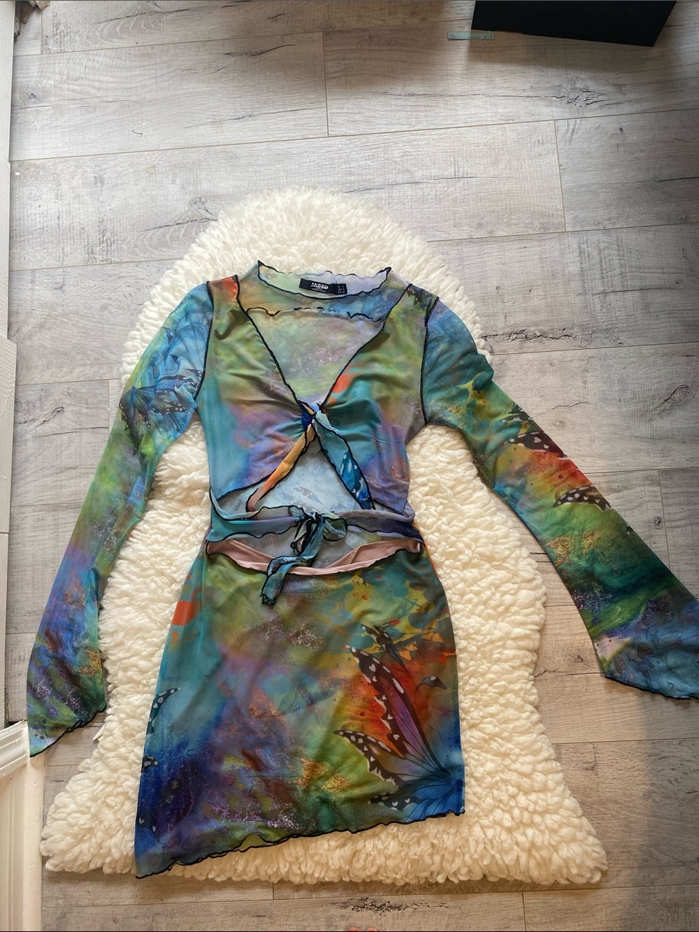 Jaded London Multicolor Butterfly-Print Long Sleeve Mesh Dress
